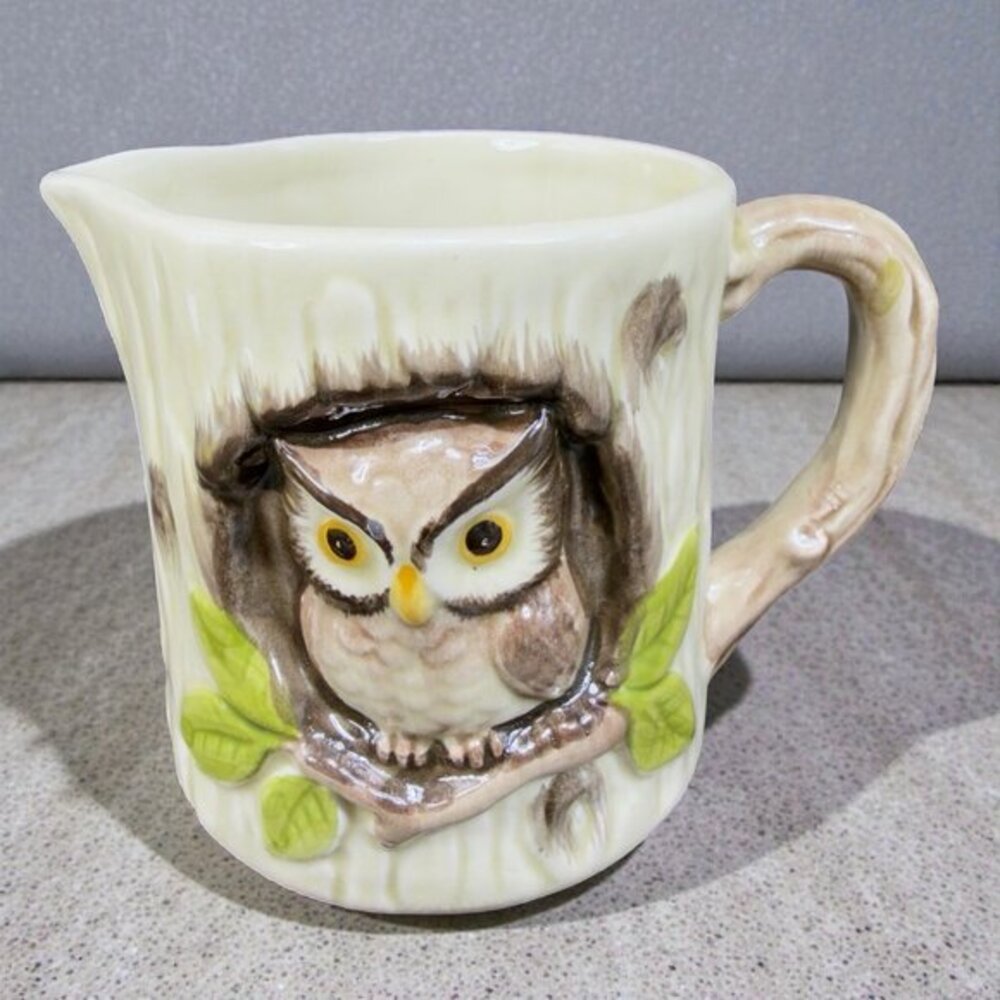 OTAGIRI Japan 3D OWL Perched in Tree Trunk Jug Small Pitcher Creamer Ceramic VTG